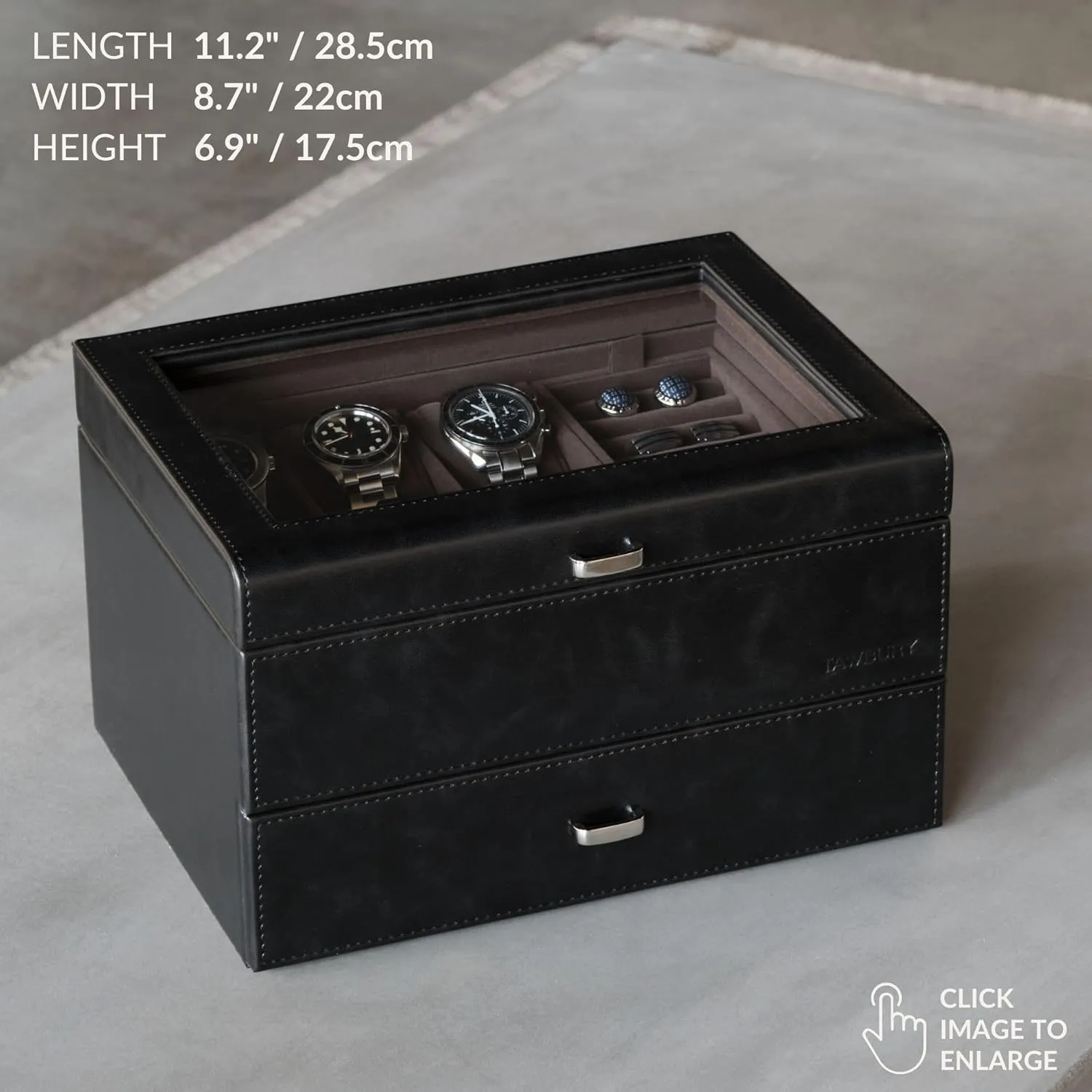 TAWBURY 6 Slot Watch Box for Men - Luxury Watch Box with Storage Drawer | Mens Jewelry Box with Watch Storage | Watch Display Case | Watch Boxes for Men (Black)