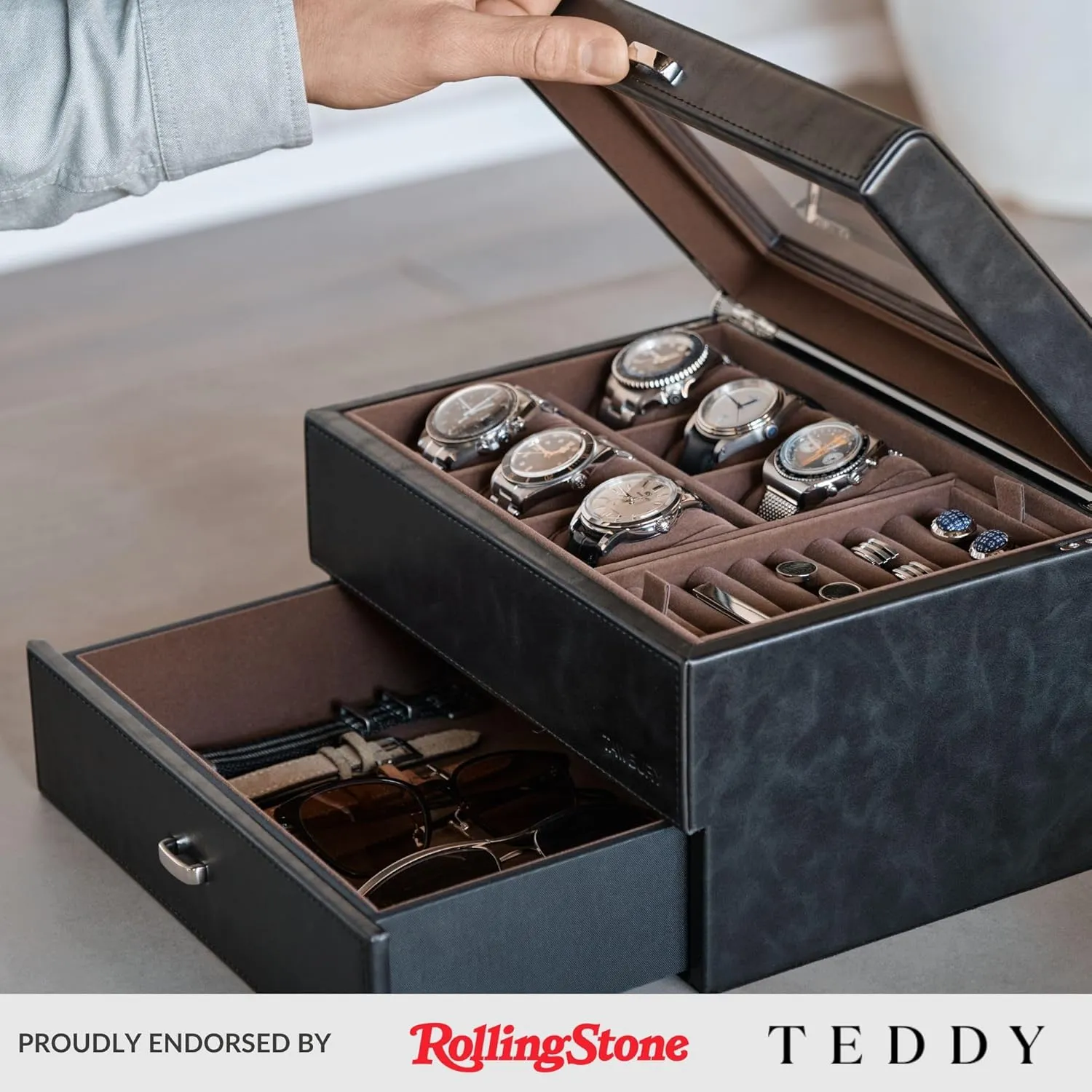 TAWBURY 6 Slot Watch Box for Men - Luxury Watch Box with Storage Drawer | Mens Jewelry Box with Watch Storage | Watch Display Case | Watch Boxes for Men (Black)