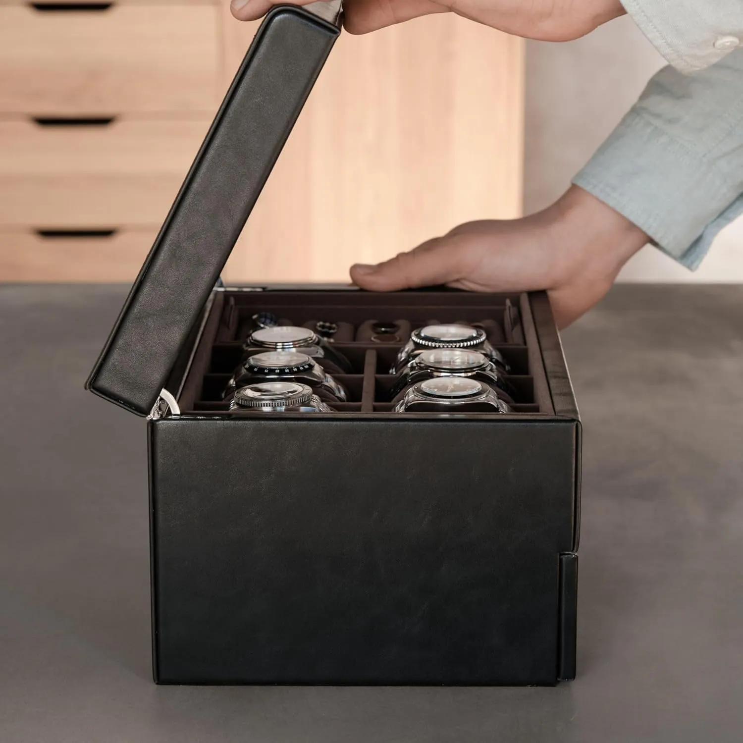 TAWBURY 6 Slot Watch Box for Men - Luxury Watch Box with Storage Drawer | Mens Jewelry Box with Watch Storage | Watch Display Case | Watch Boxes for Men (Black)