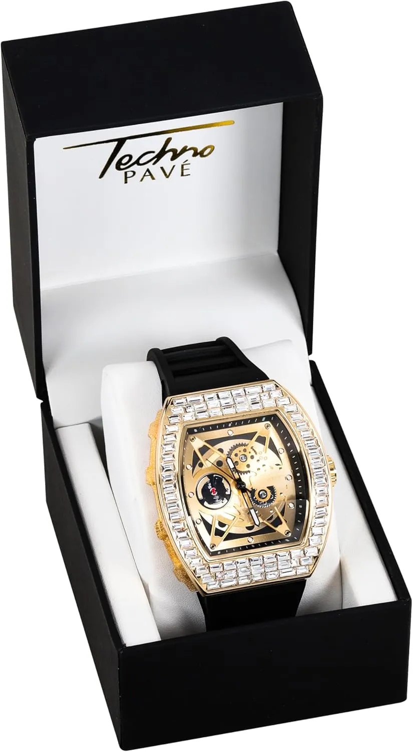 Techno Pave Men's 40mm Iced Out Tonneau Shape Silicone Band Watch