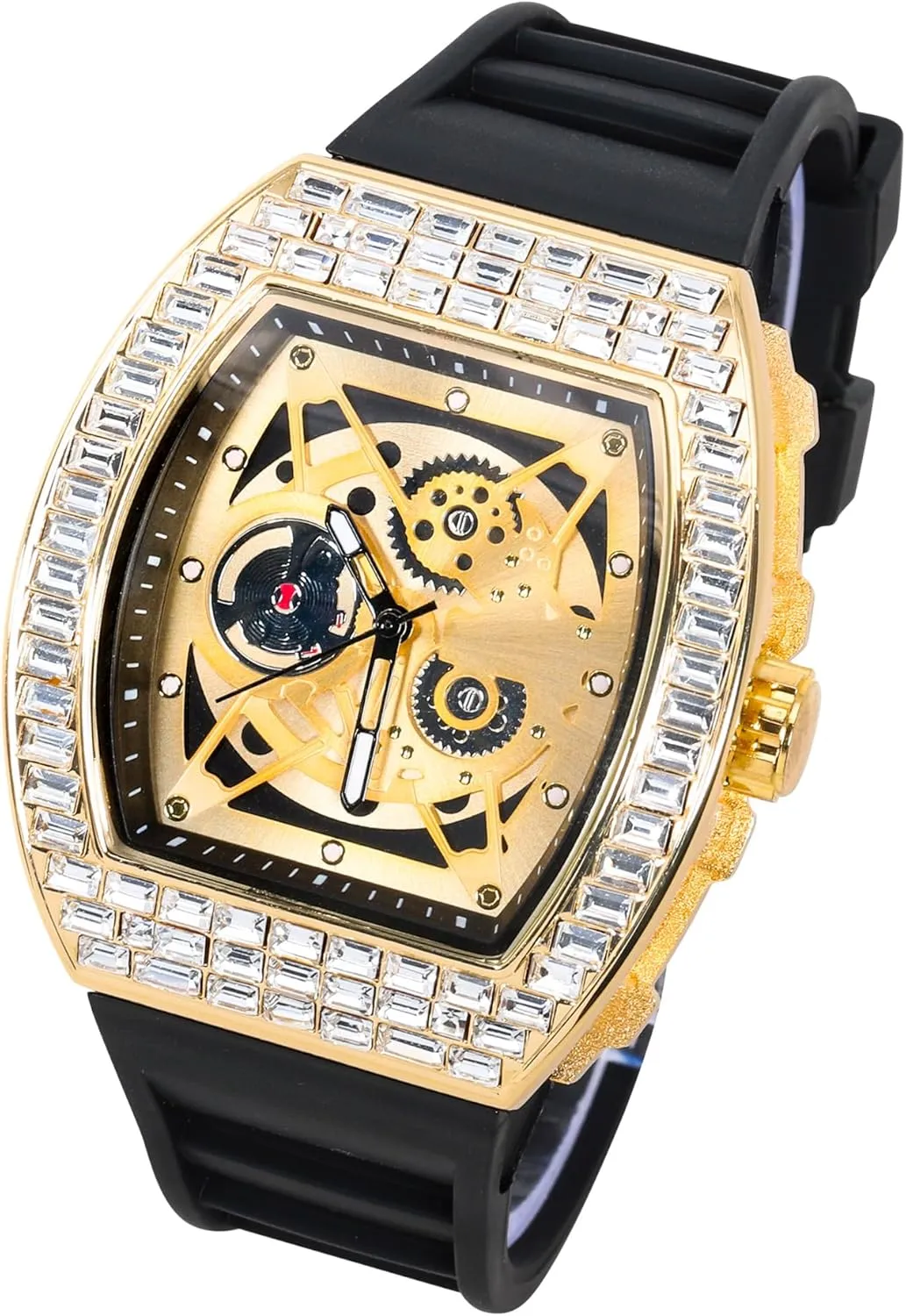 Techno Pave Men's 40mm Iced Out Tonneau Shape Silicone Band Watch