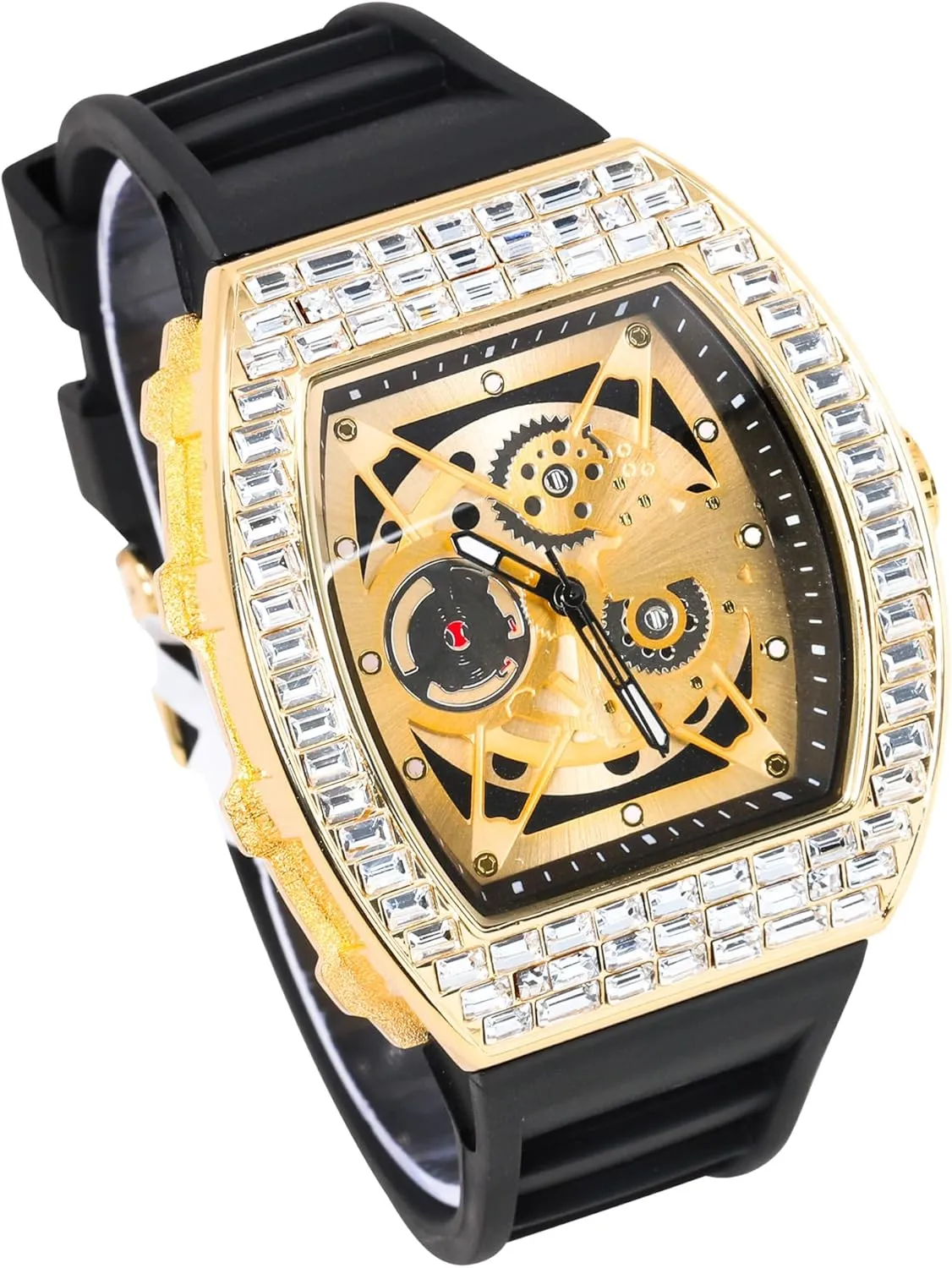 Techno Pave Men's 40mm Iced Out Tonneau Shape Silicone Band Watch