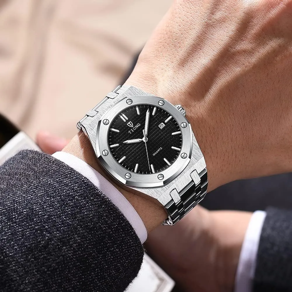 Tiong Mens Watches Chronograph Stainless Steel Waterproof Date Analog Quartz Watch Business Casual Fashion Wrist Watches for Men