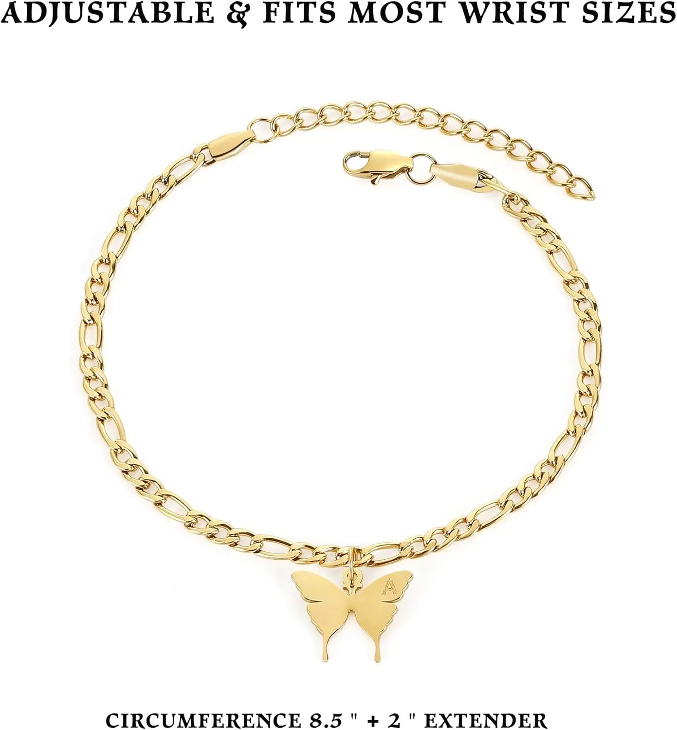 TONY & SANDY Ankle Bracelets for Women - Initial Butterfly Anklet for Women Stainless Steel Figaro Chain Summer Beach Waterproof Foot Jewelry Gifts, Gold/Silver