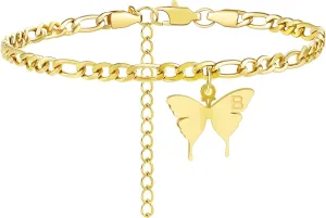 TONY & SANDY Ankle Bracelets for Women - Initial Butterfly Anklet for Women Stainless Steel Figaro Chain Summer Beach Waterproof Foot Jewelry Gifts, Gold/Silver