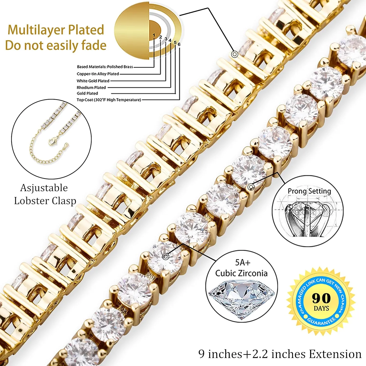 TOPGRILLZ Tennis Ankle Bracelet Gold Anklet Adjustable with Extension 14K Gold Plated Iced out Diamond 3-6mm Fashion Stylish Foot Jewelry for Women