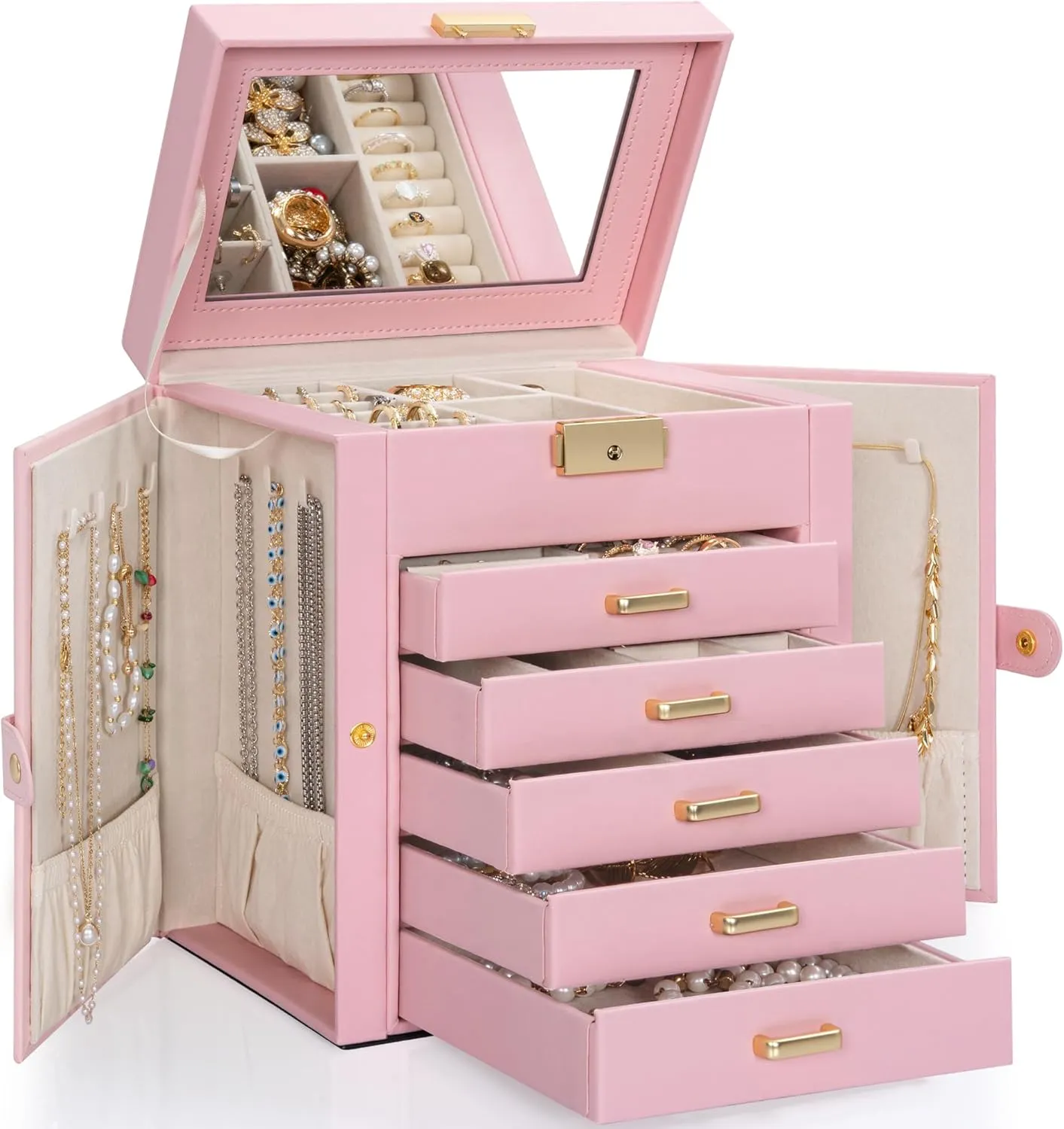 TORIBIO Large Jewelry Box for Women, Leather Jewelry Organizer with Mirror & Lock, 6-Tier Jewelry Storage Case for Girls/Women/Mothers, Necklace Earring Bracelets Holder Organizer