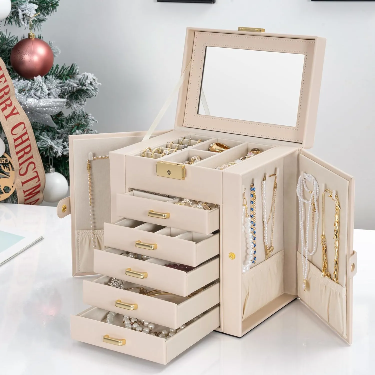 TORIBIO Large Jewelry Box for Women, Leather Jewelry Organizer with Mirror & Lock, 6-Tier Jewelry Storage Case for Girls/Women/Mothers, Necklace Earring Bracelets Holder Organizer