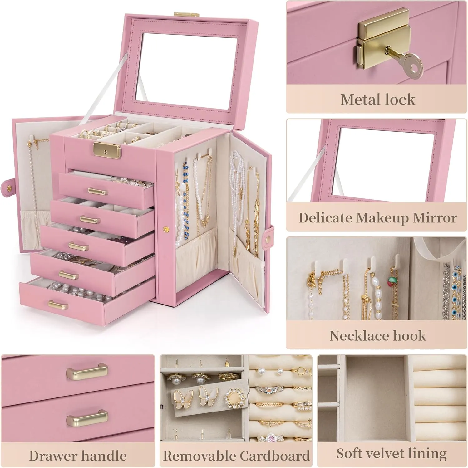 TORIBIO Large Jewelry Box for Women, Leather Jewelry Organizer with Mirror & Lock, 6-Tier Jewelry Storage Case for Girls/Women/Mothers, Necklace Earring Bracelets Holder Organizer