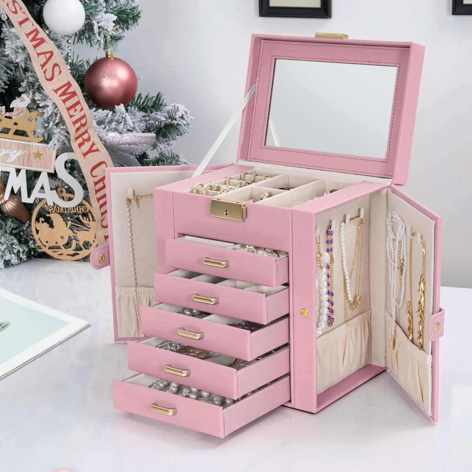 TORIBIO Large Jewelry Box for Women, Leather Jewelry Organizer with Mirror & Lock, 6-Tier Jewelry Storage Case for Girls/Women/Mothers, Necklace Earring Bracelets Holder Organizer