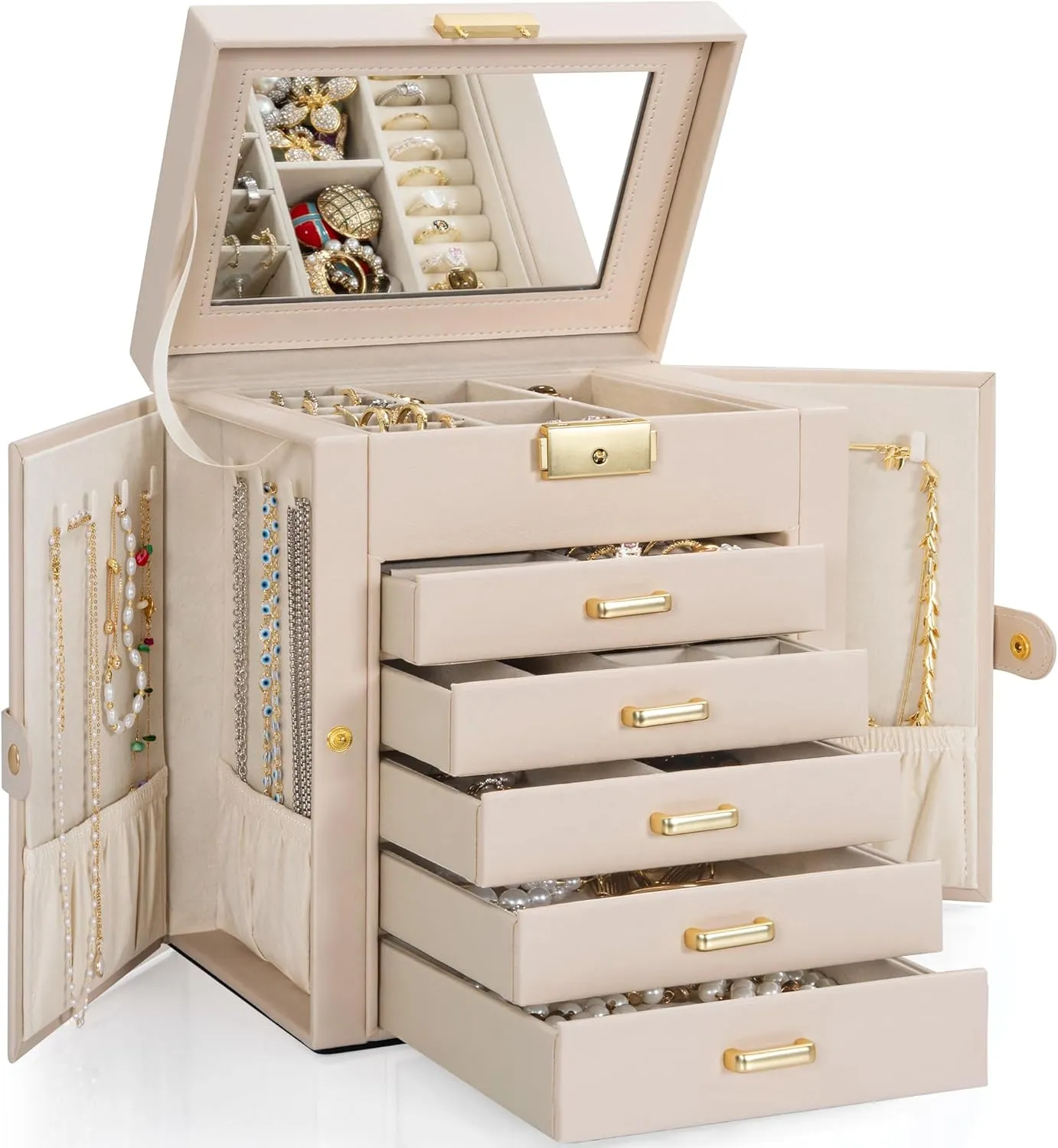 TORIBIO Large Jewelry Box for Women, Leather Jewelry Organizer with Mirror & Lock, 6-Tier Jewelry Storage Case for Girls/Women/Mothers, Necklace Earring Bracelets Holder Organizer