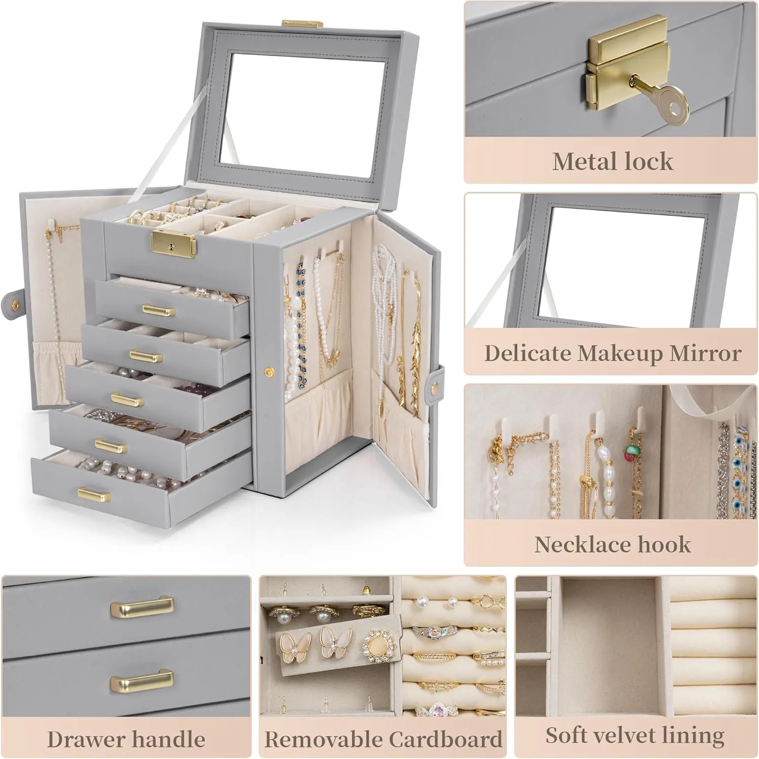 TORIBIO Large Jewelry Box for Women, Leather Jewelry Organizer with Mirror & Lock, 6-Tier Jewelry Storage Case for Girls/Women/Mothers, Necklace Earring Bracelets Holder Organizer