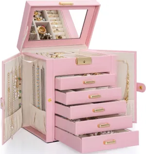 TORIBIO Large Jewelry Box for Women, Leather Jewelry Organizer with Mirror & Lock, 6-Tier Jewelry Storage Case for Girls/Women/Mothers, Necklace Earring Bracelets Holder Organizer
