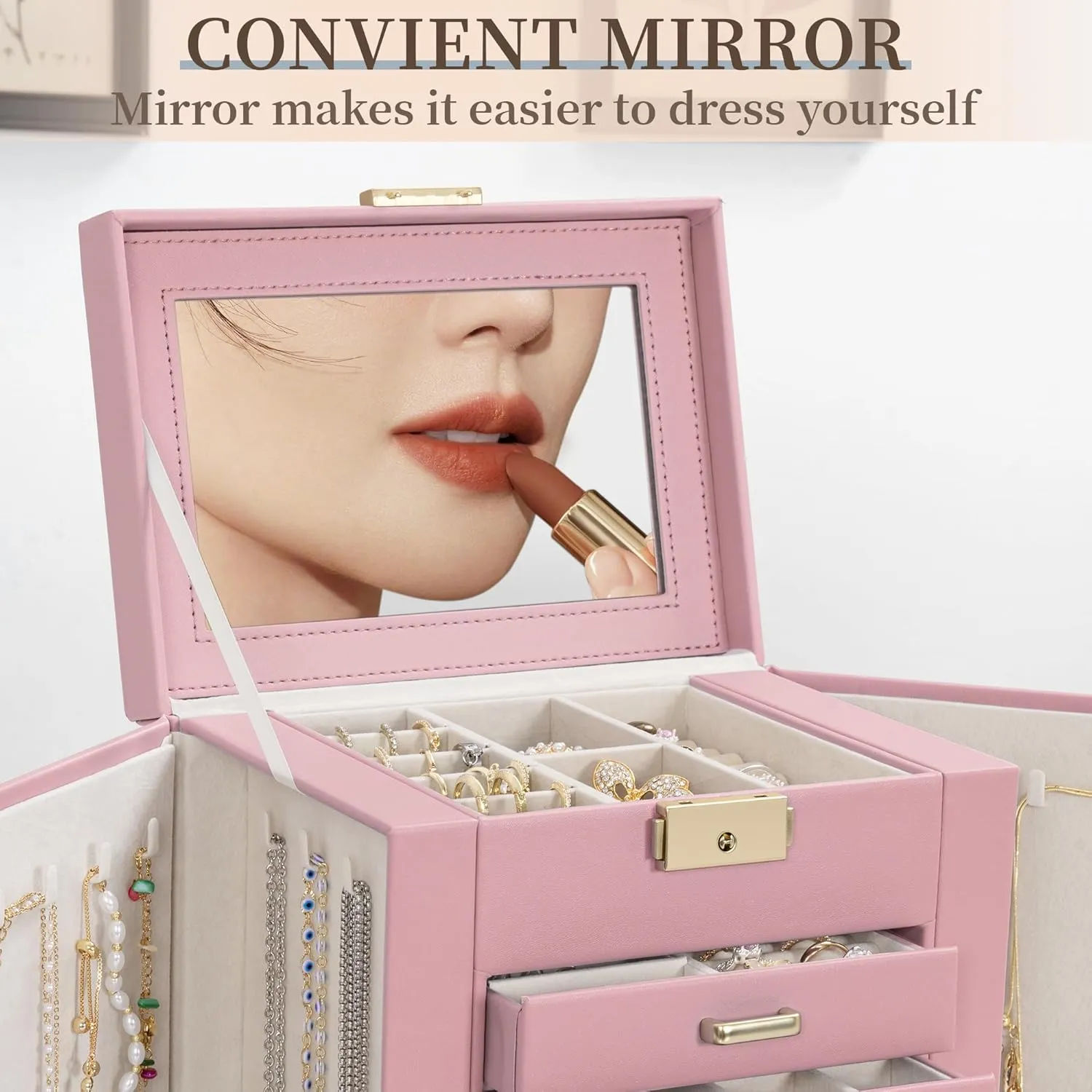 TORIBIO Large Jewelry Box for Women, Leather Jewelry Organizer with Mirror & Lock, 6-Tier Jewelry Storage Case for Girls/Women/Mothers, Necklace Earring Bracelets Holder Organizer