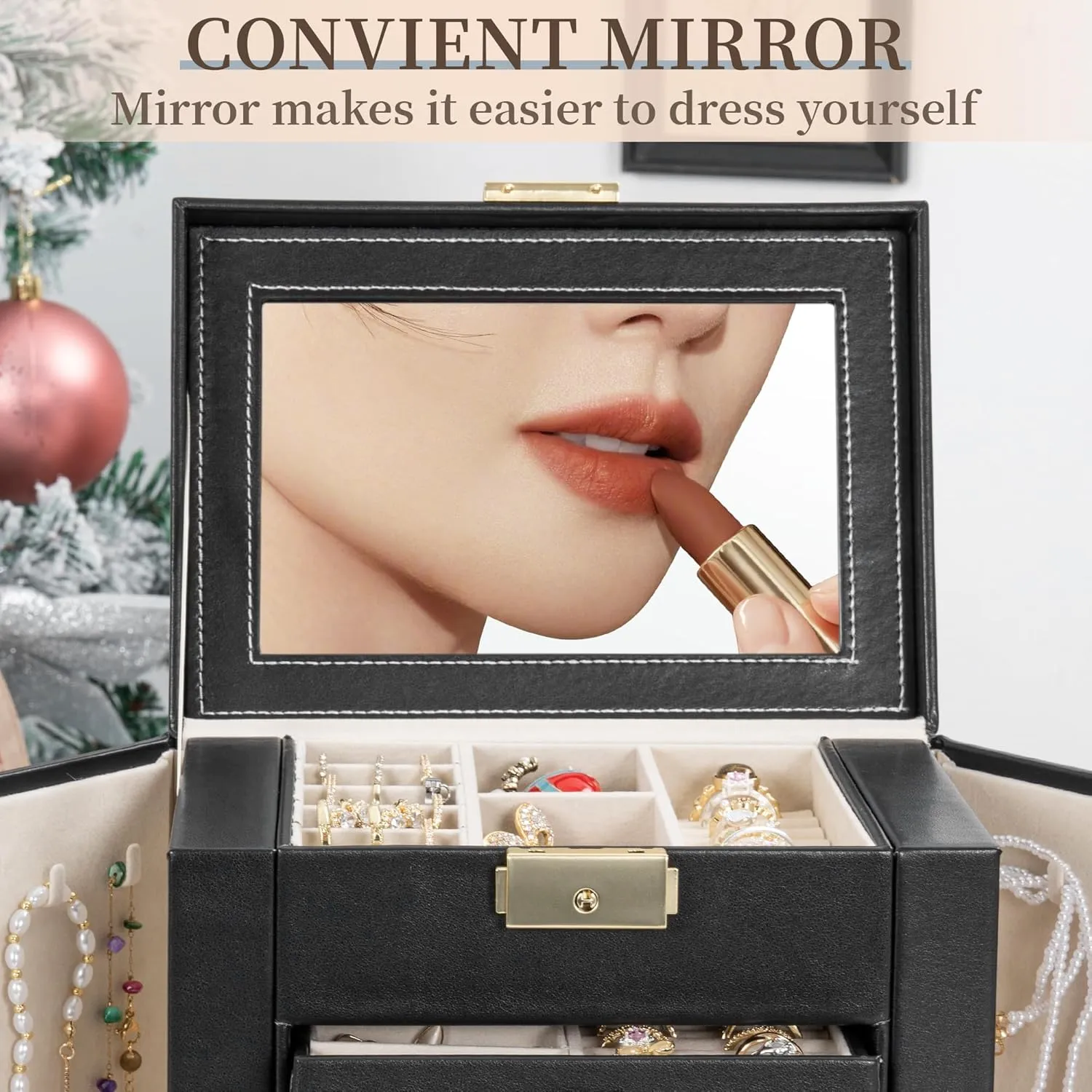TORIBIO Large Jewelry Box for Women, Leather Jewelry Organizer with Mirror & Lock, 6-Tier Jewelry Storage Case for Girls/Women/Mothers, Necklace Earring Bracelets Holder Organizer