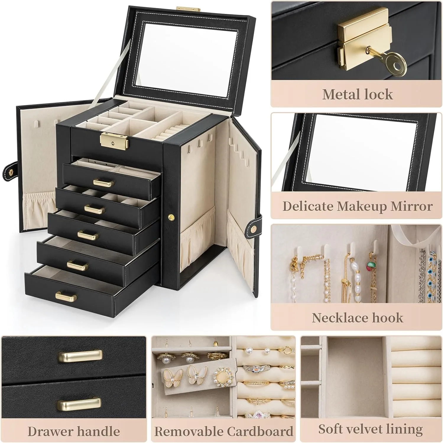 TORIBIO Large Jewelry Box for Women, Leather Jewelry Organizer with Mirror & Lock, 6-Tier Jewelry Storage Case for Girls/Women/Mothers, Necklace Earring Bracelets Holder Organizer