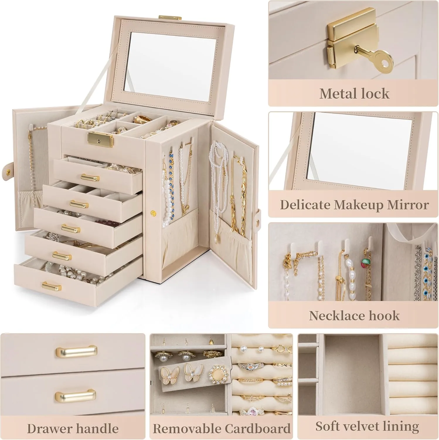 TORIBIO Large Jewelry Box for Women, Leather Jewelry Organizer with Mirror & Lock, 6-Tier Jewelry Storage Case for Girls/Women/Mothers, Necklace Earring Bracelets Holder Organizer