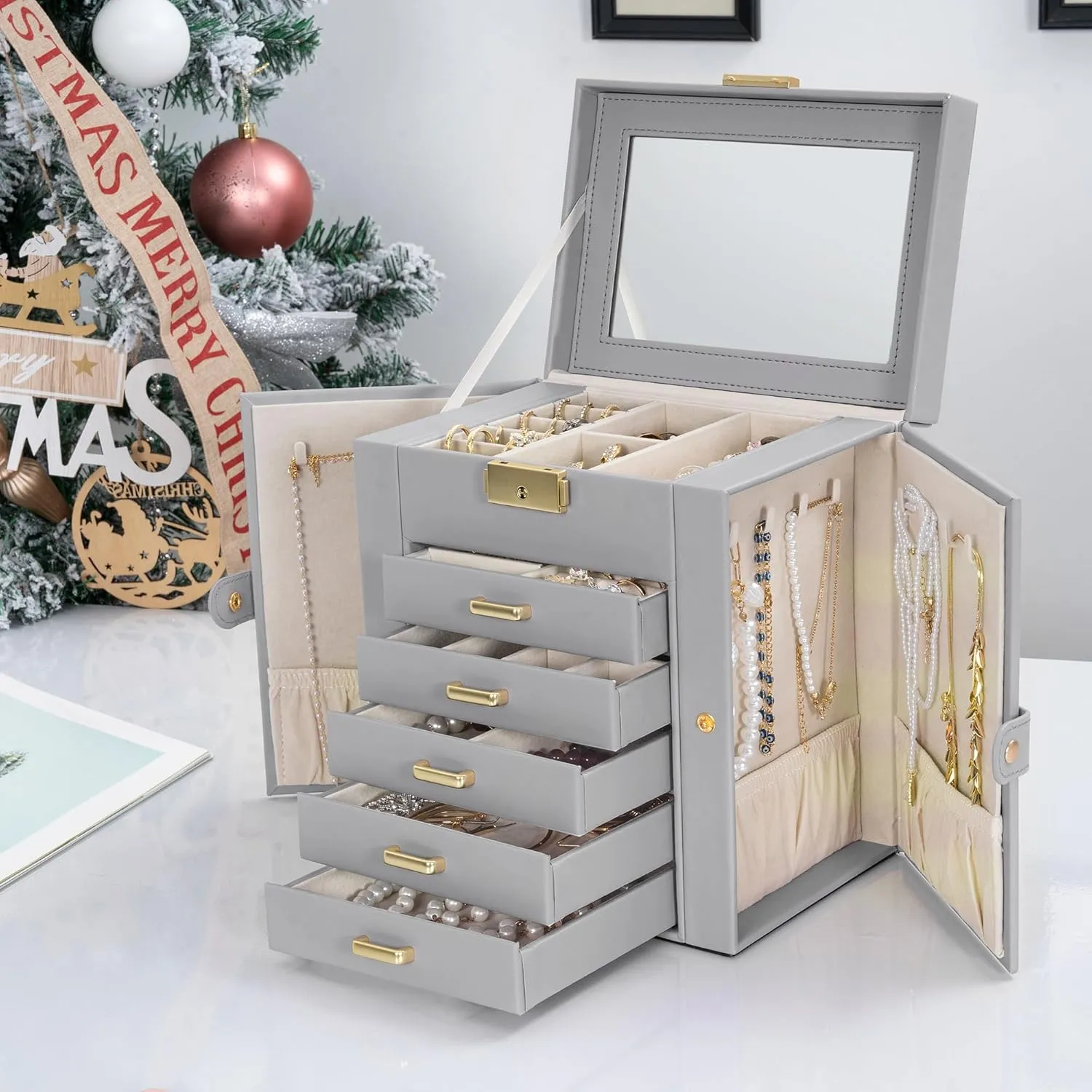 TORIBIO Large Jewelry Box for Women, Leather Jewelry Organizer with Mirror & Lock, 6-Tier Jewelry Storage Case for Girls/Women/Mothers, Necklace Earring Bracelets Holder Organizer