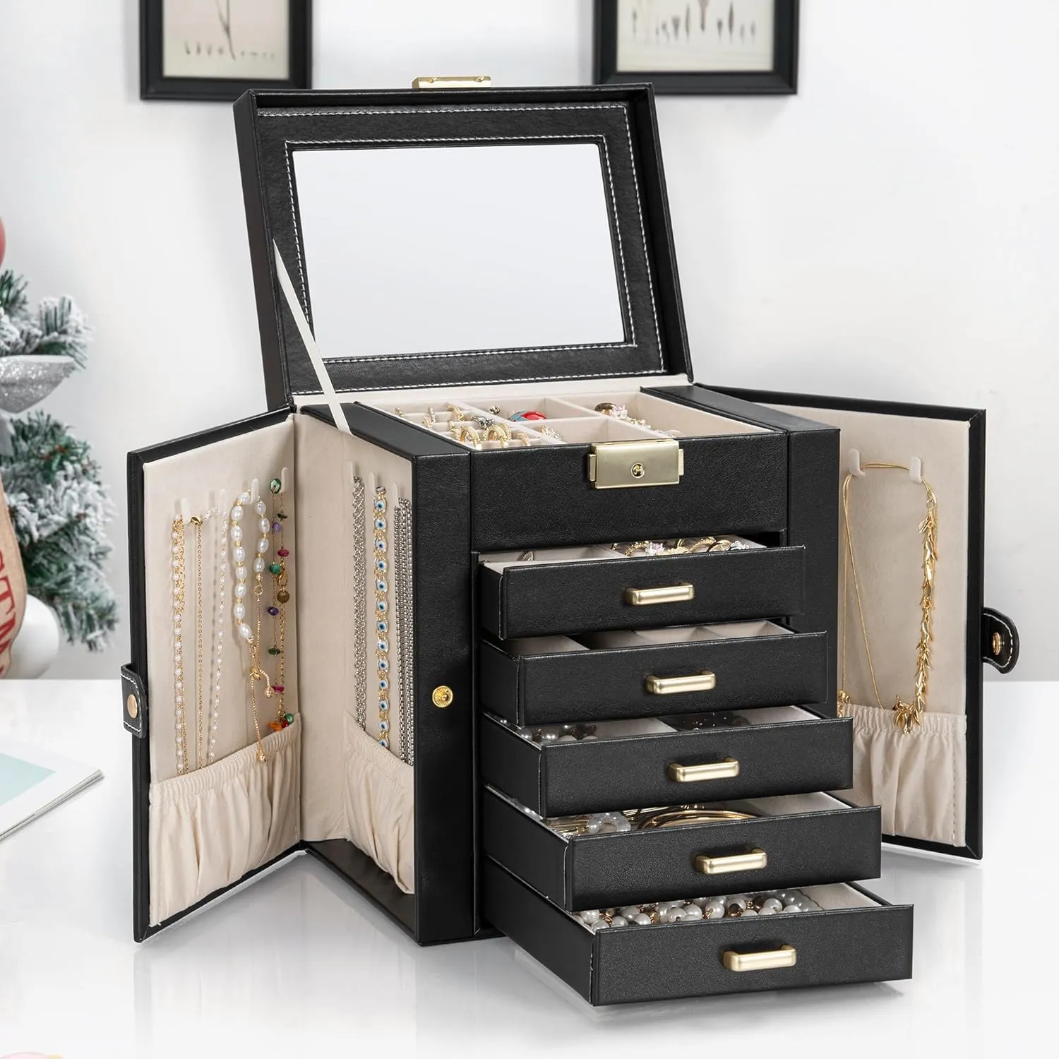 TORIBIO Large Jewelry Box for Women, Leather Jewelry Organizer with Mirror & Lock, 6-Tier Jewelry Storage Case for Girls/Women/Mothers, Necklace Earring Bracelets Holder Organizer