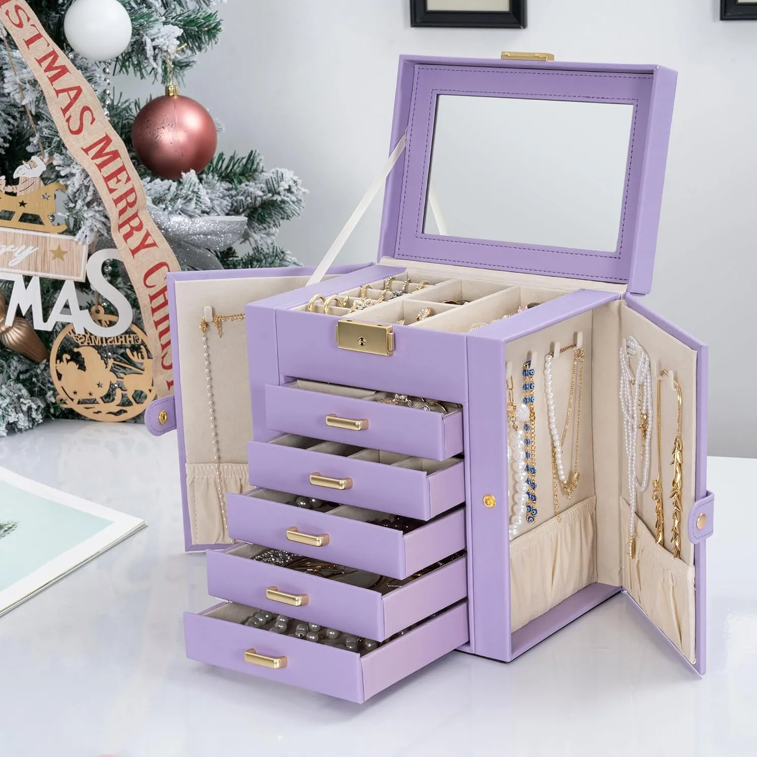 TORIBIO Large Jewelry Box for Women, Leather Jewelry Organizer with Mirror & Lock, 6-Tier Jewelry Storage Case for Girls/Women/Mothers, Necklace Earring Bracelets Holder Organizer