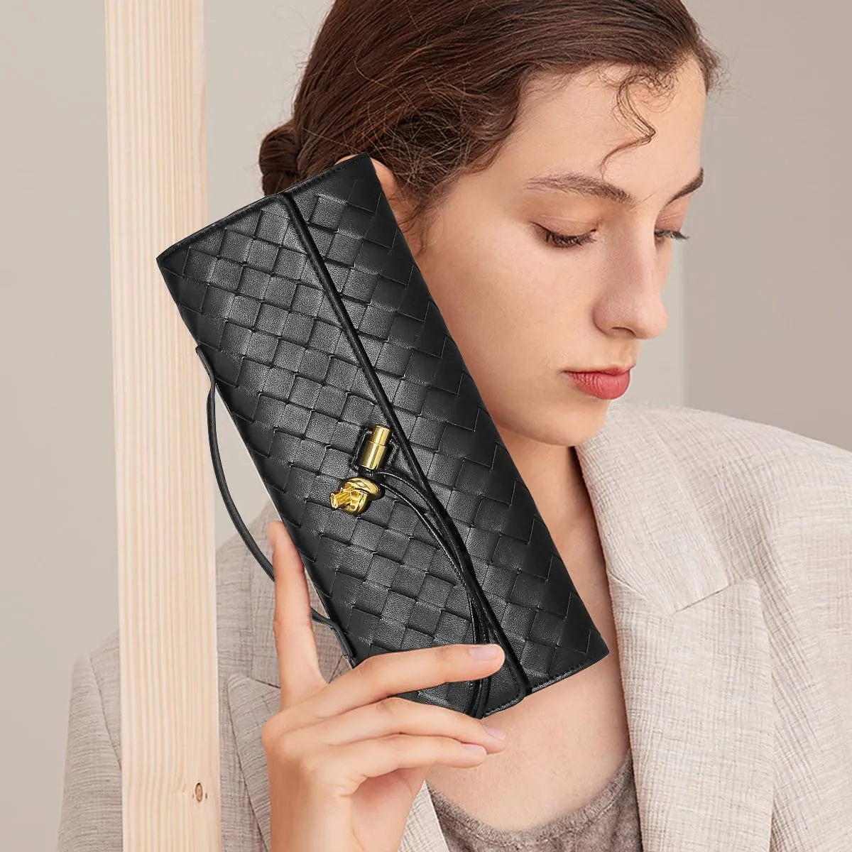 Trendy Woven Evening Clutch Purses for Women Evening Bags Handbags PU Leather Purse with Removable Shoulder Strap Bag