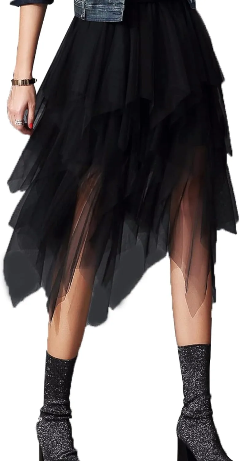 Tulle Long Skirt for Women Layered Ruffle Tutu Skirt Elastic Tiered Pleated Mesh A-Line Midi Skirts Prom Wedding