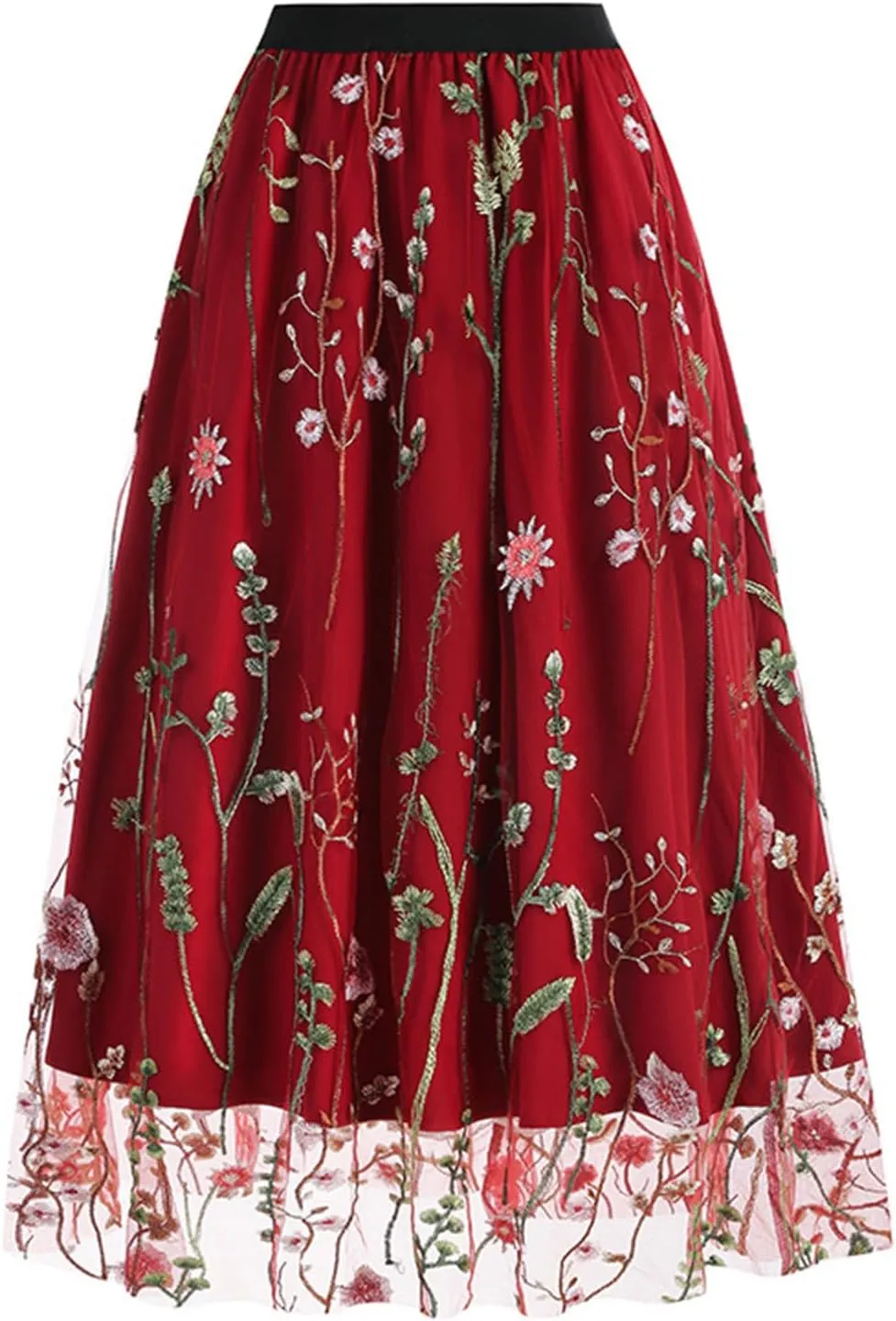 Tulle Skirts for Women Ditsy Floral Bohemian Mesh Midi Skirt Double-Layered High Waisted Flowy Long Maxi Skirt