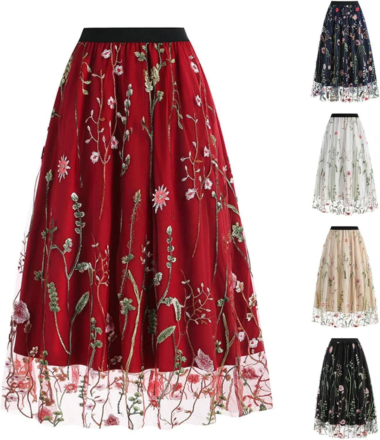 Tulle Skirts for Women Ditsy Floral Bohemian Mesh Midi Skirt Double-Layered High Waisted Flowy Long Maxi Skirt