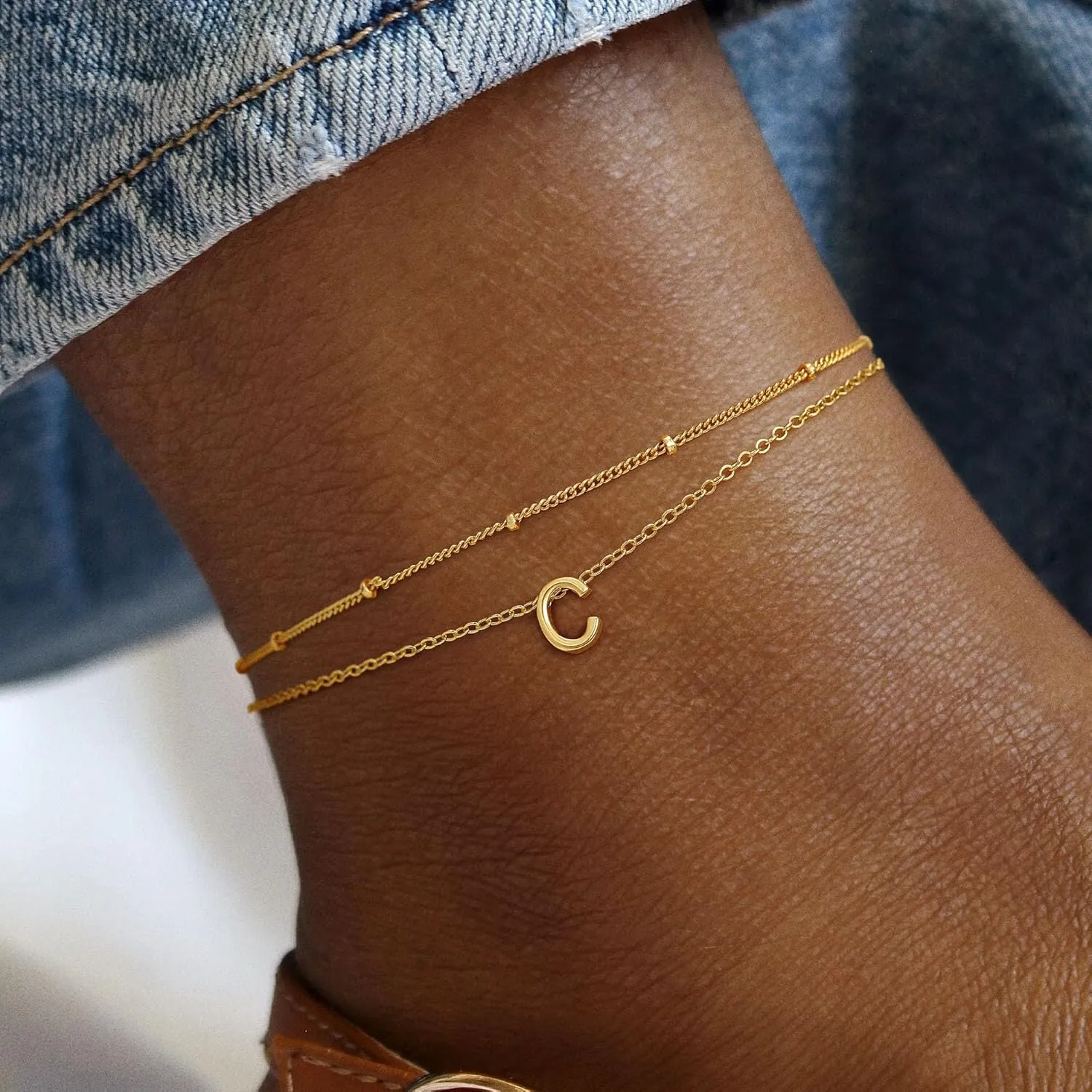 Turandoss Initial Ankle Bracelets for Women - 14K Gold Plated Layered Bead Chain Jewelry, Trendy Dainty Waterproof Gifts