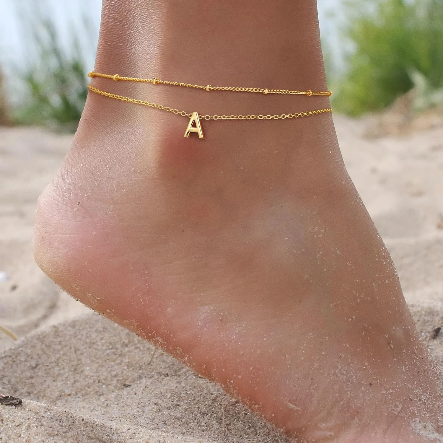Turandoss Initial Ankle Bracelets for Women - 14K Gold Plated Layered Bead Chain Jewelry, Trendy Dainty Waterproof Gifts