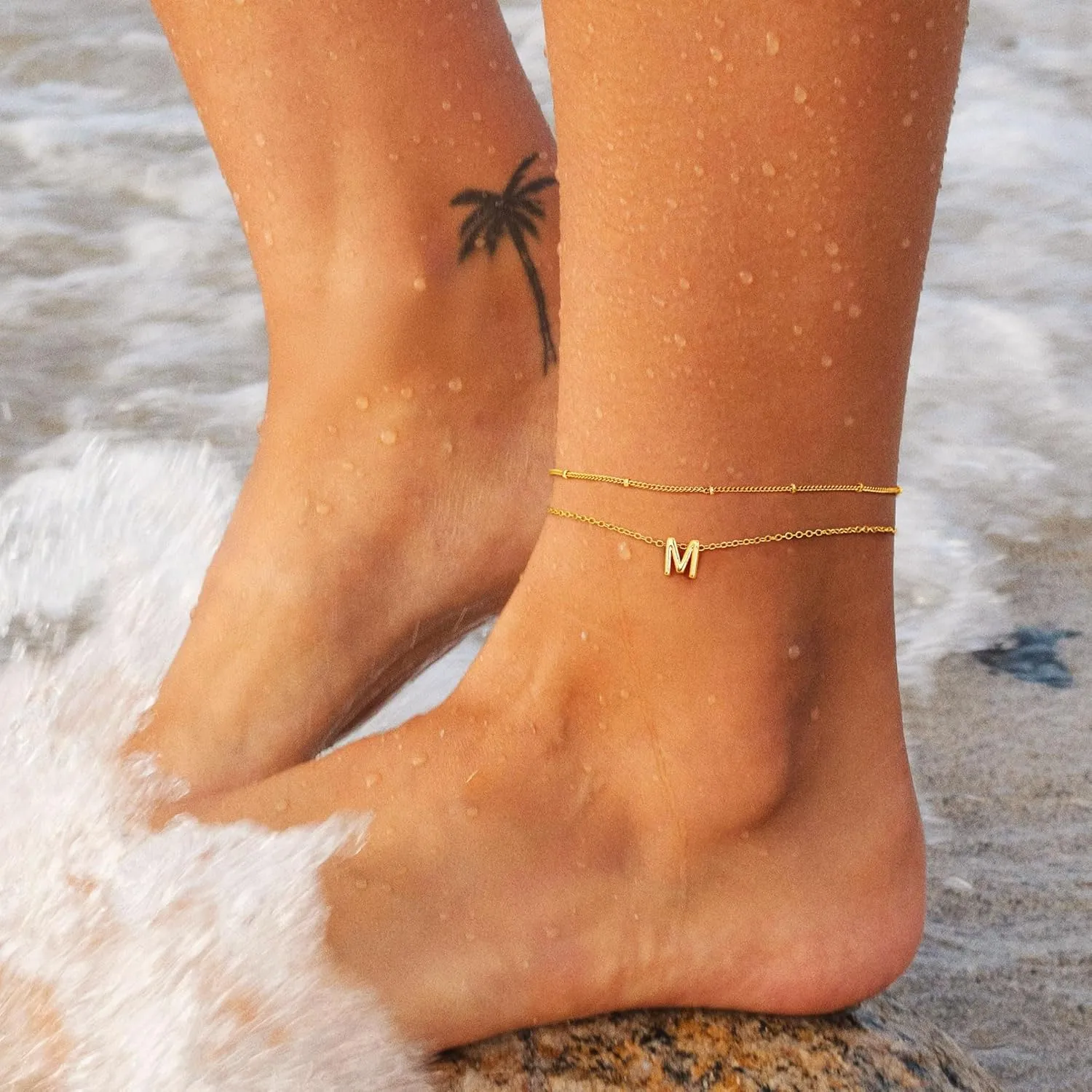 Turandoss Initial Ankle Bracelets for Women - 14K Gold Plated Layered Bead Chain Jewelry, Trendy Dainty Waterproof Gifts