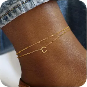 Turandoss Initial Ankle Bracelets for Women - 14K Gold Plated Layered Bead Chain Jewelry, Trendy Dainty Waterproof Gifts