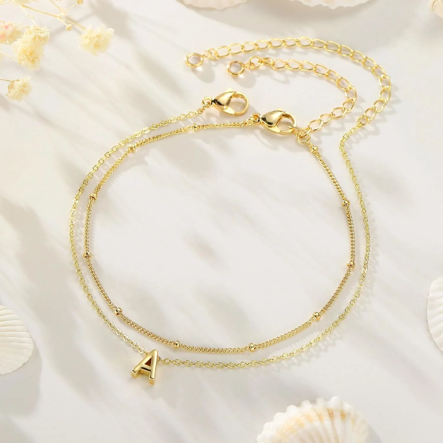 Turandoss Initial Ankle Bracelets for Women - 14K Gold Plated Layered Bead Chain Jewelry, Trendy Dainty Waterproof Gifts