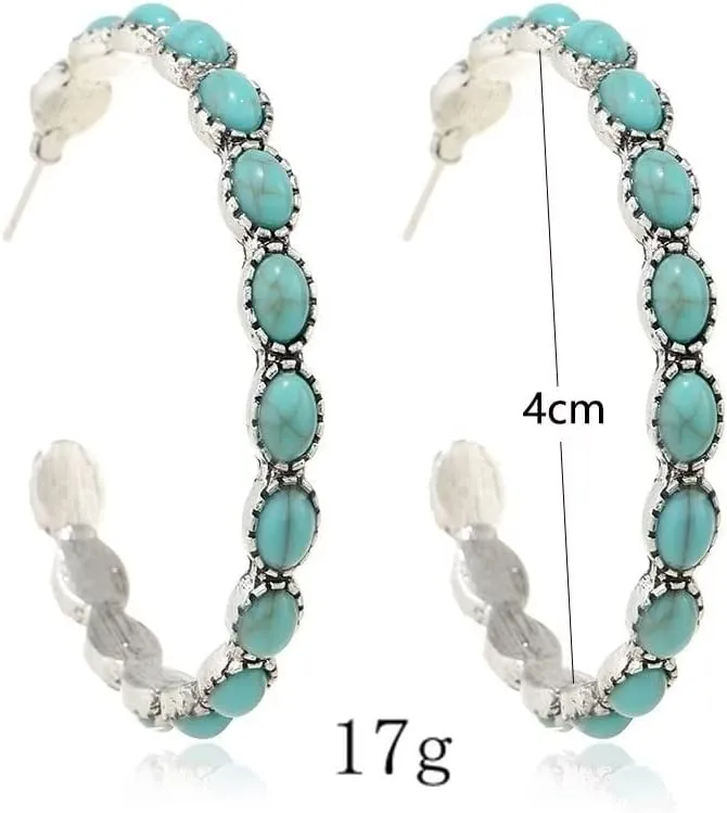 Turquoise Bohemian Dangle Metal Silver-Tone And Faux Turquoise Hoop Earrings Beaded Western Cowgirl Statement Earrings Vintage Valentine Jewelry Gift