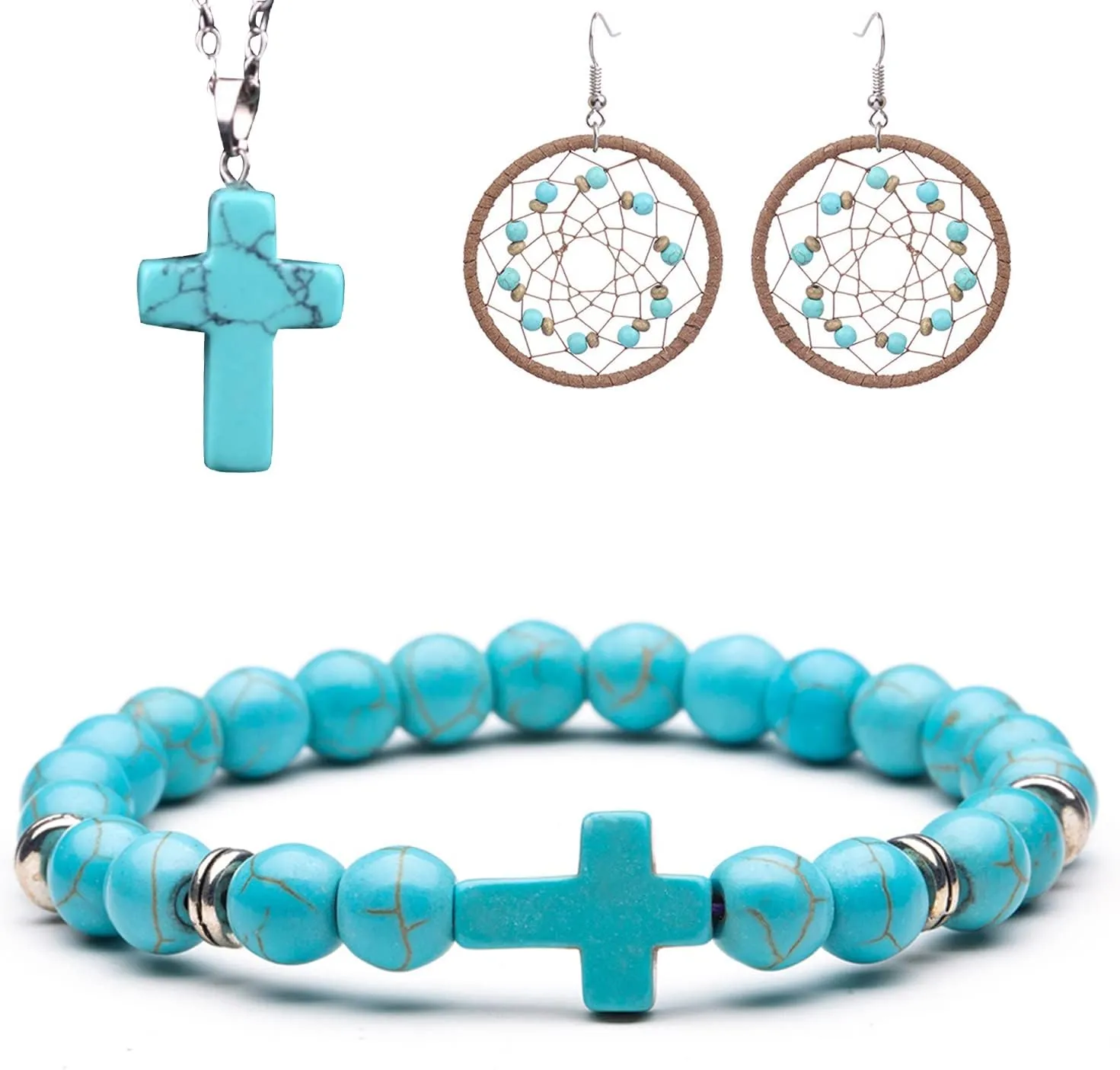 Turquoise Dream Catcher Round Hoop Earrings, Natural Cross Turquoise 8mm Bead Bracelet and Natural Turquoise Agate Cross Pendant, Spritual Healing Jewellery Gifts