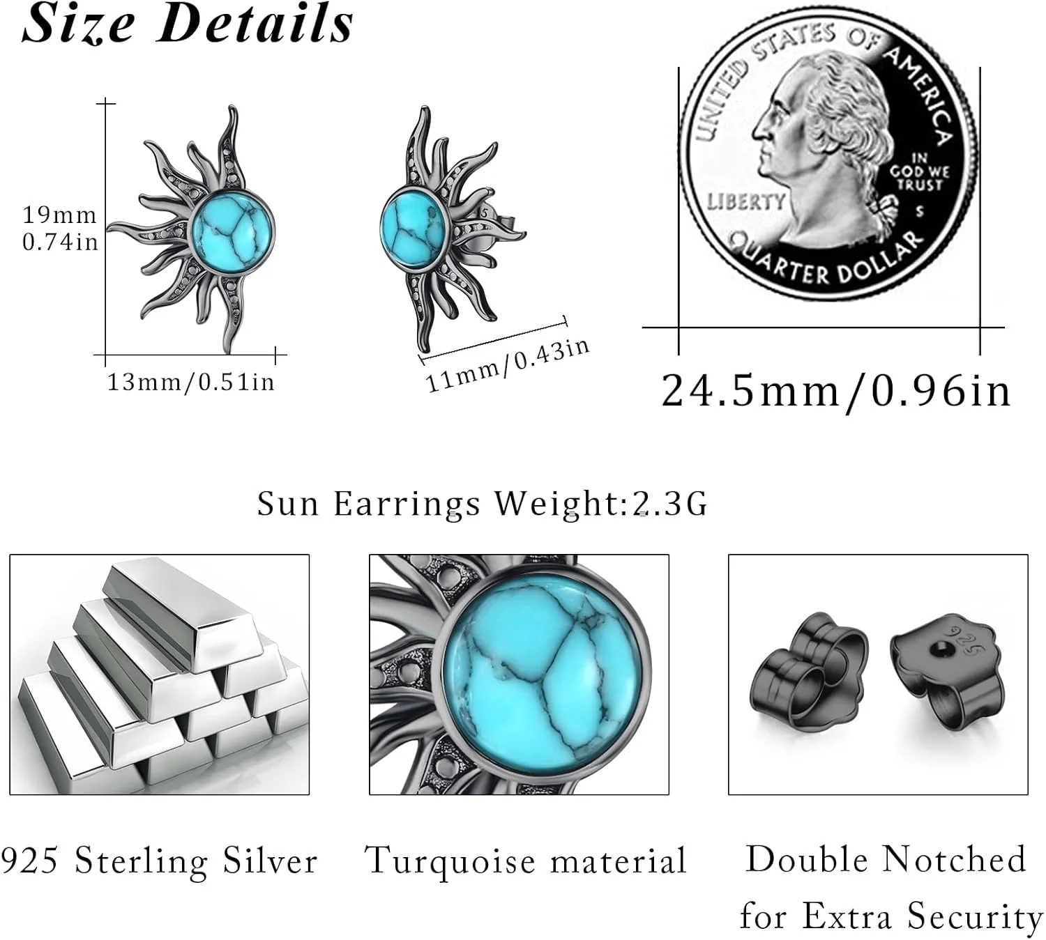 Turquoise Earrings 925 Sterling Silver Black Gold Turquoise Stud Earrings for Women Sun Turquoise Studs Earring Hypoallergenic Jewelry Gifts