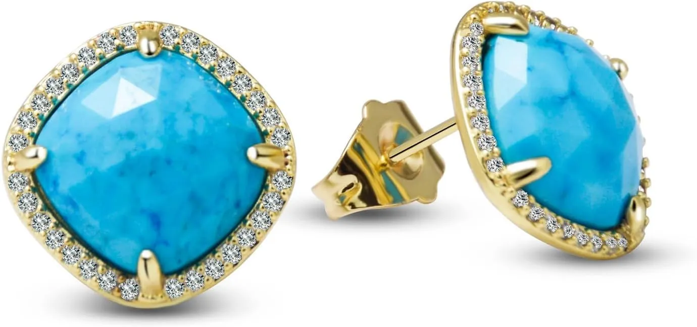 Turquoise Stud Earrings for Women, Square Western Gemstone Earrings Natural Stone Jewelry, 18k Gold Plated Cubic Zircon Jewelry, Exquisite Crystal Earrings for Women Unique Gift.