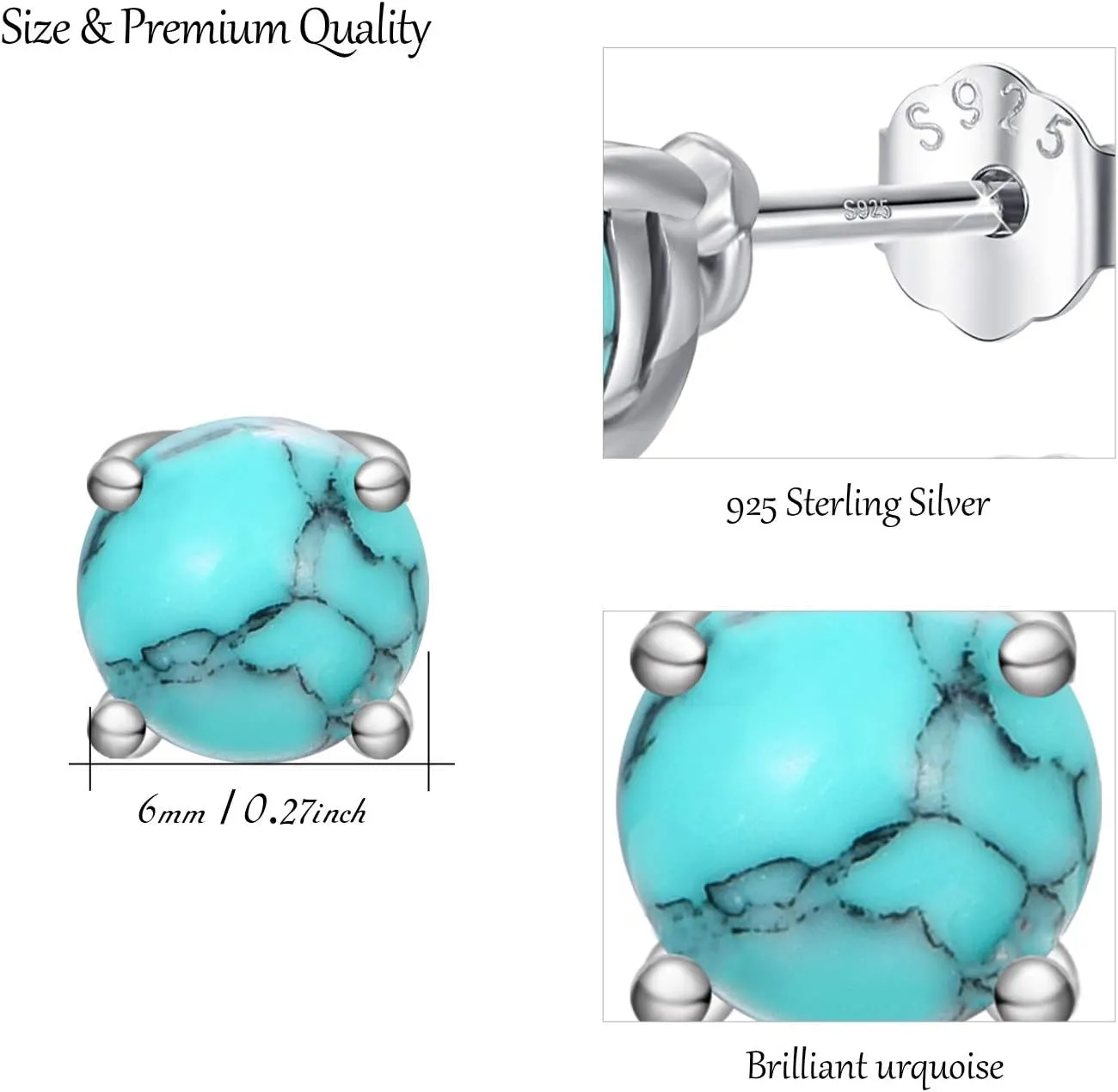 Turquoise Studs Earrings, 925 Sterling Silver 4mm/6mm Round Shape Tiny Studs, Turquoise Jewelry Present for Women Girlfriend
