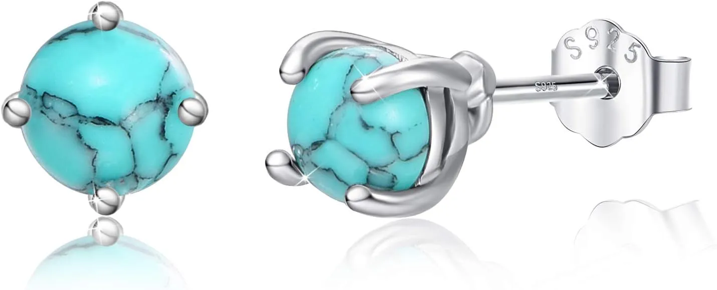 Turquoise Studs Earrings, 925 Sterling Silver 4mm/6mm Round Shape Tiny Studs, Turquoise Jewelry Present for Women Girlfriend