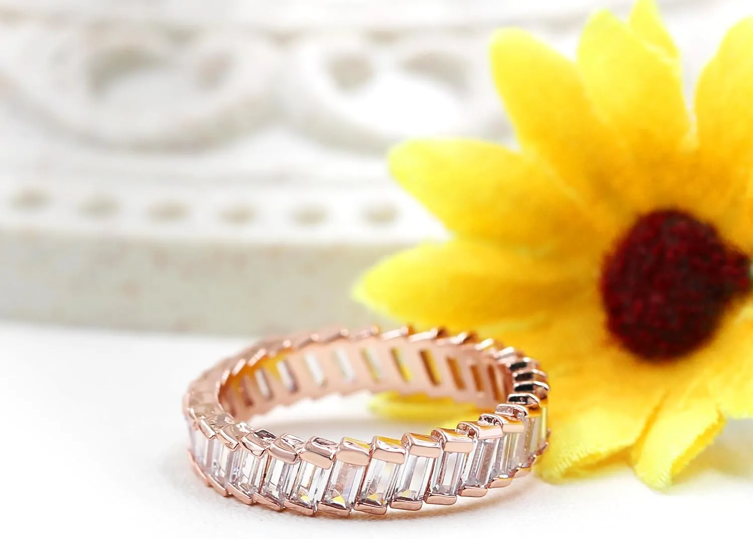 Uloveido Platinum Plated Rectangular Cut Cubic Zirconia Pave Eternity Band Ring for Women Y1790