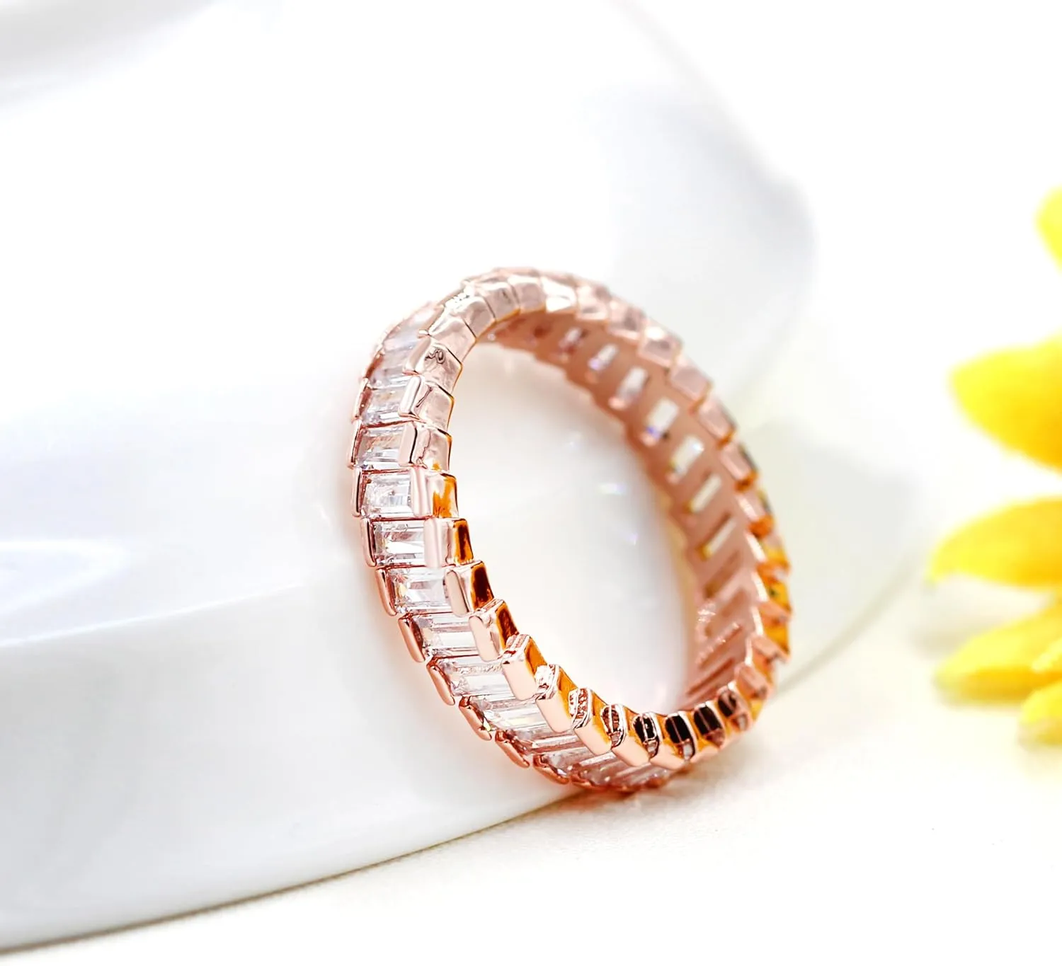 Uloveido Platinum Plated Rectangular Cut Cubic Zirconia Pave Eternity Band Ring for Women Y1790