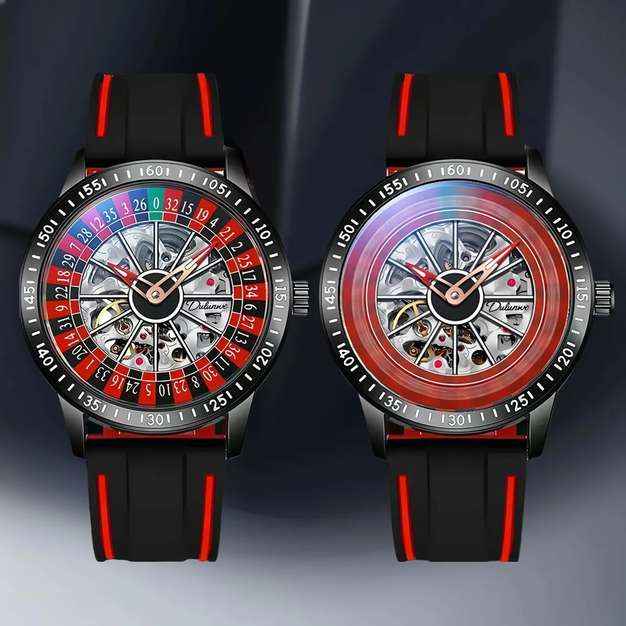 Unique Roulette Watches Men's Automatic Mechanical Watch Luxury Skeleton Watches for Men Two-Tone Silicone BandWaterproofGlows in The Dark