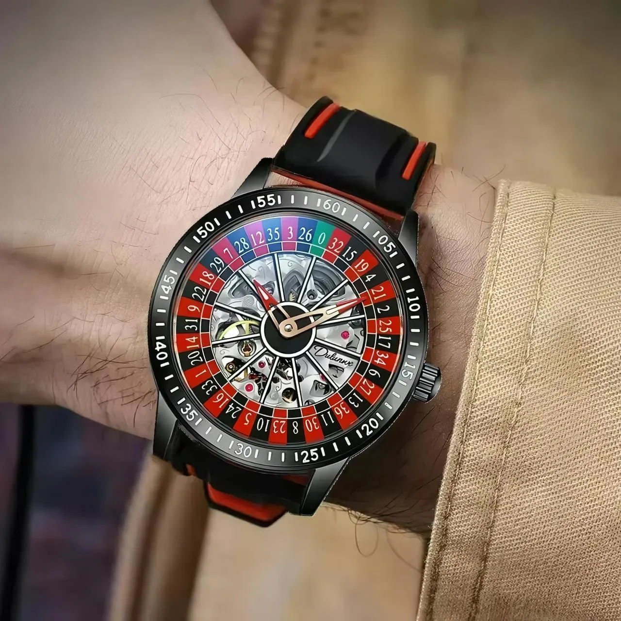 Unique Roulette Watches Men's Automatic Mechanical Watch Luxury Skeleton Watches for Men Two-Tone Silicone BandWaterproofGlows in The Dark