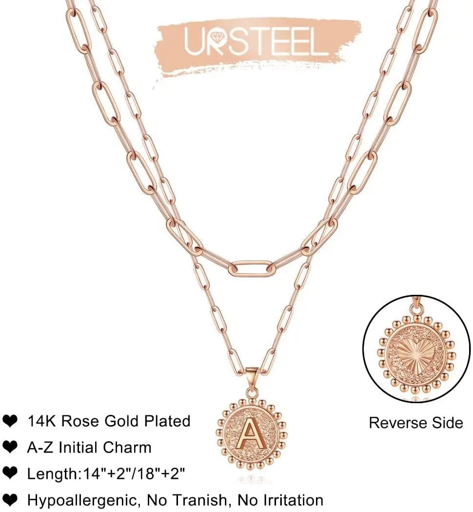 Ursteel Layered Initial Necklaces for Women - 14K Gold Plated Dainty Layering Paperclip Chain Necklaces for Women Jewelry