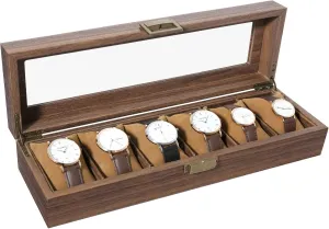 Uten Watch Box 6 Slots, Watch Case Organizer with Real Glass Lid, Wood Grain PU Leather Watch Display Storage Box with Removable Imitation Suede Watch Pillows, Metal Clasp