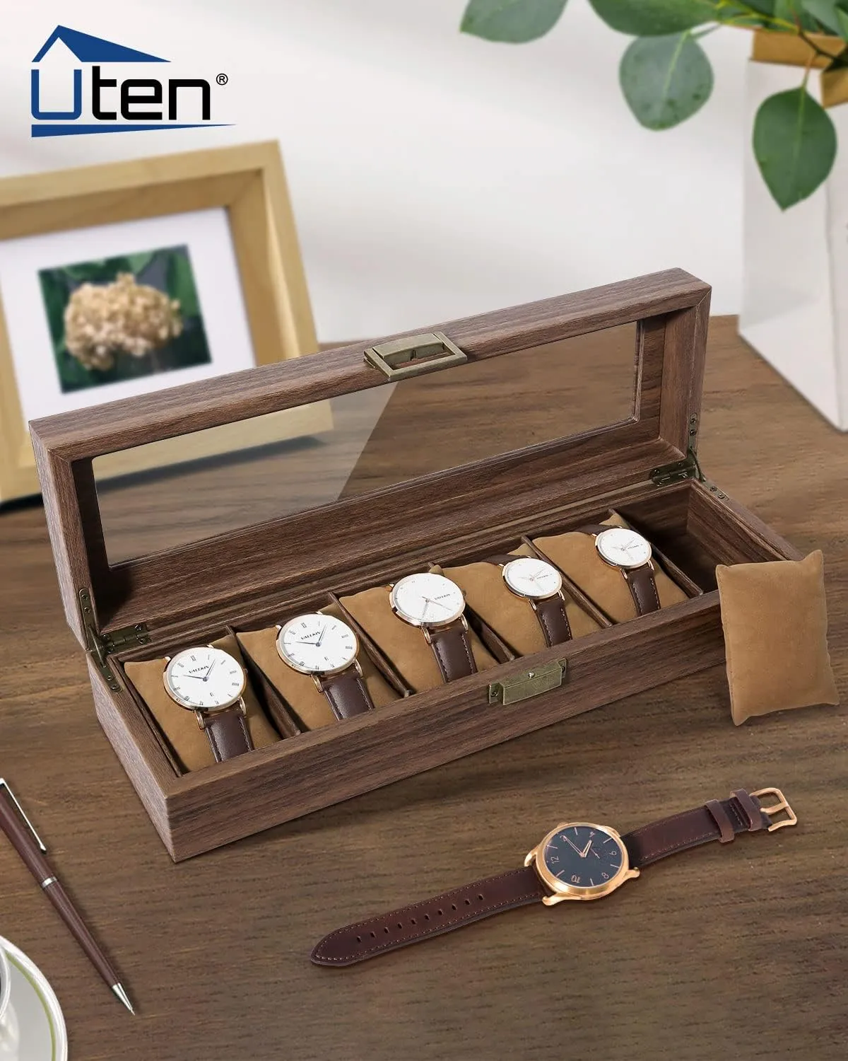 Uten Watch Box 6 Slots, Watch Case Organizer with Real Glass Lid, Wood Grain PU Leather Watch Display Storage Box with Removable Imitation Suede Watch Pillows, Metal Clasp