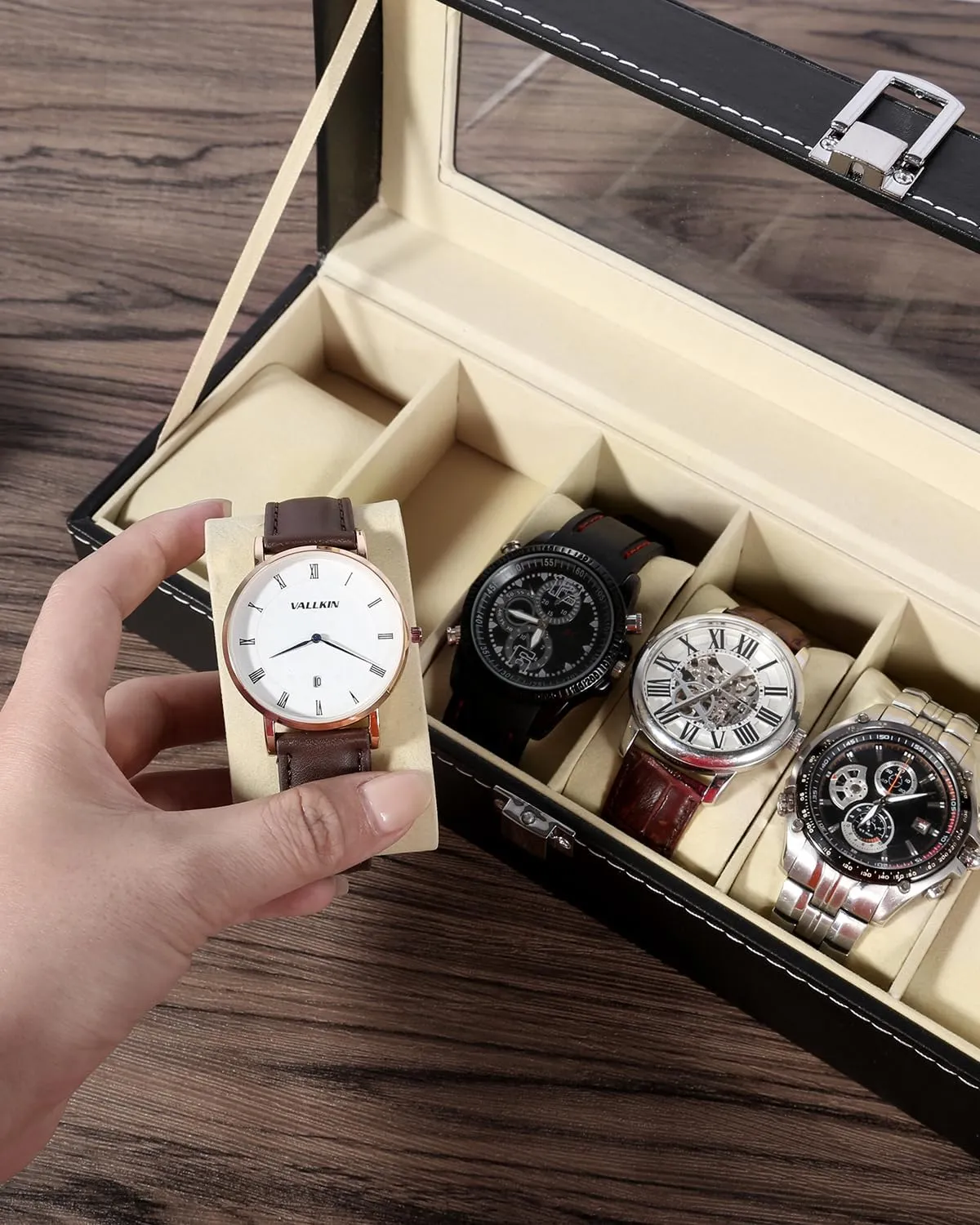 Uten Watch Box, 6 Slots Watch Case, Watch Box Organizer Jewelry Storage with Large Glass Lid, Watch Display Case, Watch Box for Men & Women