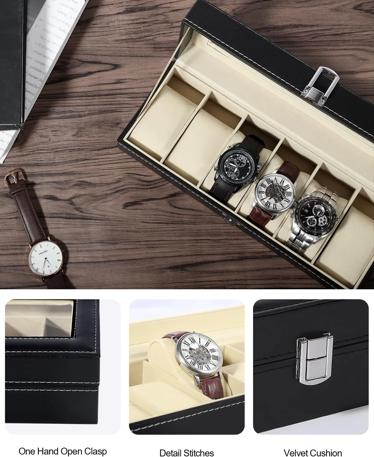 Uten Watch Box, 6 Slots Watch Case, Watch Box Organizer Jewelry Storage with Large Glass Lid, Watch Display Case, Watch Box for Men & Women