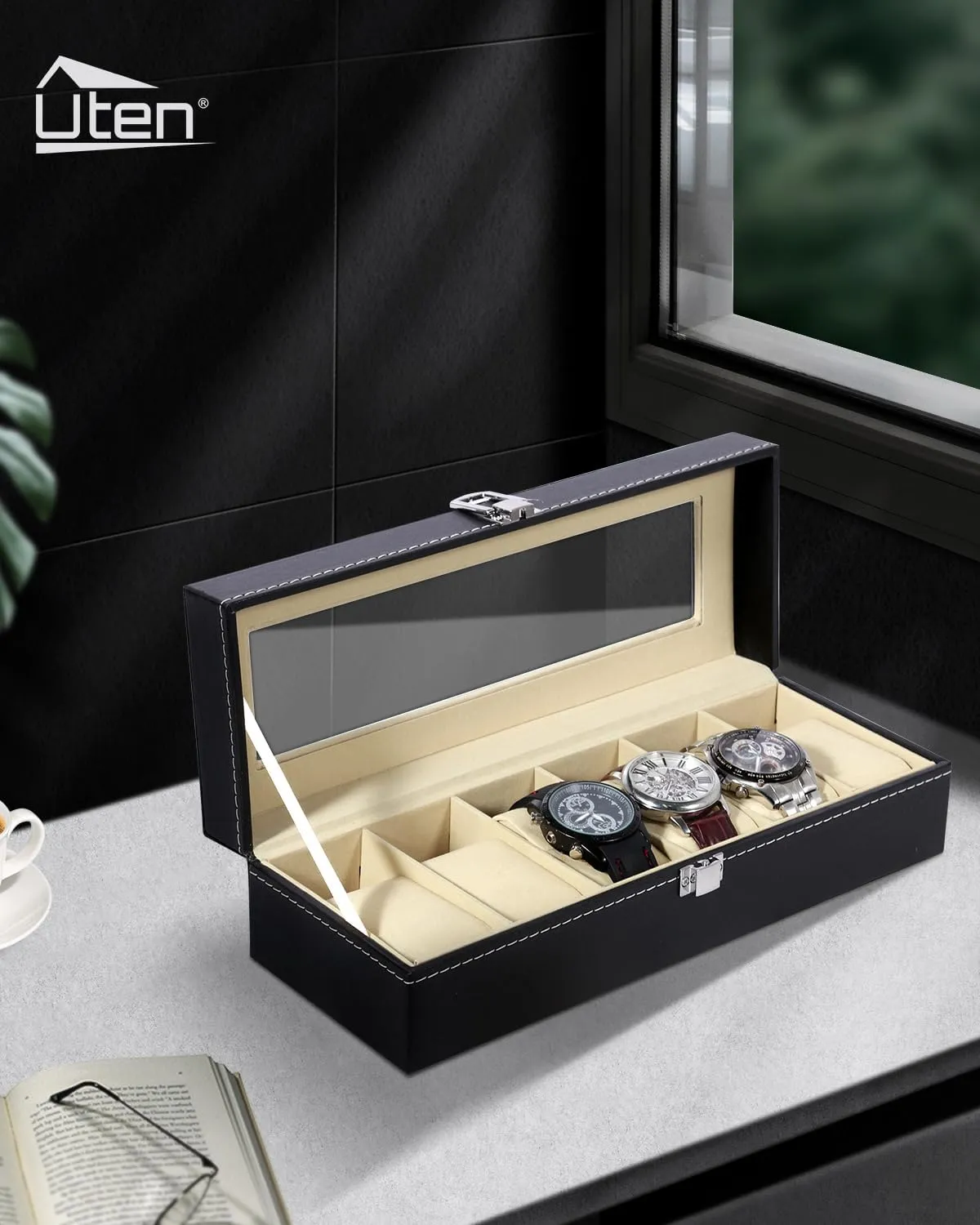 Uten Watch Box, 6 Slots Watch Case, Watch Box Organizer Jewelry Storage with Large Glass Lid, Watch Display Case, Watch Box for Men & Women