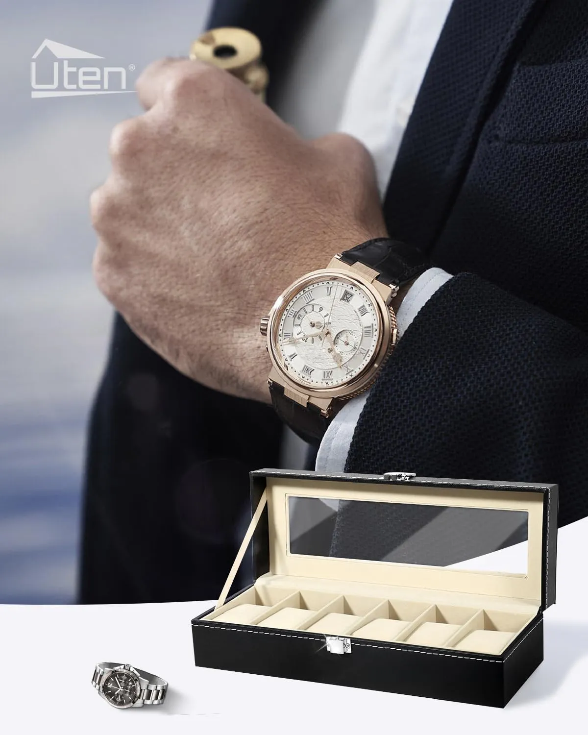 Uten Watch Box, 6 Slots Watch Case, Watch Box Organizer Jewelry Storage with Large Glass Lid, Watch Display Case, Watch Box for Men & Women